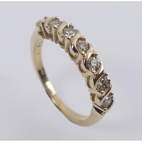 5 - 9ct gold seven stone diamond ring, (.4ct), 3 grams, 3.6mm, size M 1/2.