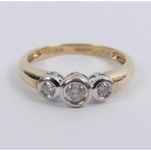 6 - 9ct gold three stone diamond ring, (.25ct), 2 grams, 5.1mm, size N.