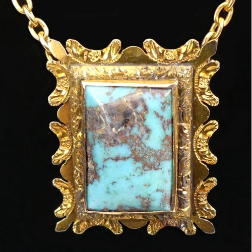 60 - 15ct gold turquoise set pendant necklace, 8.8 grams, pendant 23mm x 19mm, chain 44cm.