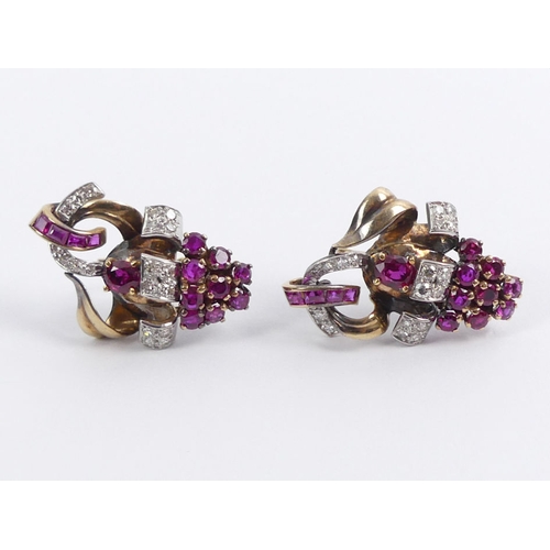 60B - A pair of 9ct gold, ruby and diamond earrings, 11.9 grams, 29 mm x 20 mm.