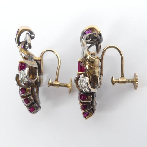 60B - A pair of 9ct gold, ruby and diamond earrings, 11.9 grams, 29 mm x 20 mm.