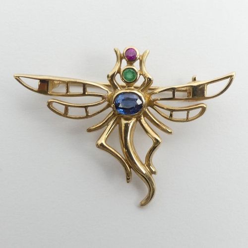 60C - 9ct gold sapphire, emerald, and ruby dragonfly, brooch, 3.2 grams 36 mm x 27 mm.