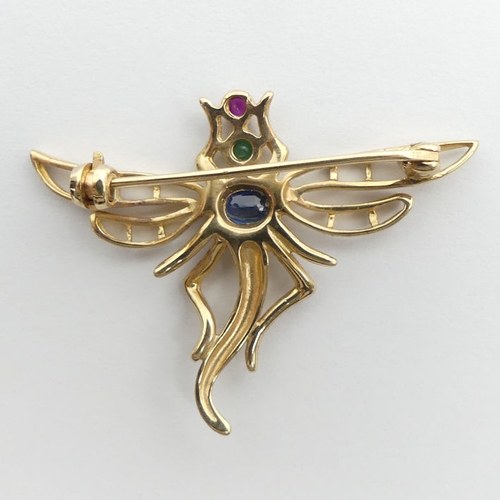 60C - 9ct gold sapphire, emerald, and ruby dragonfly, brooch, 3.2 grams 36 mm x 27 mm.