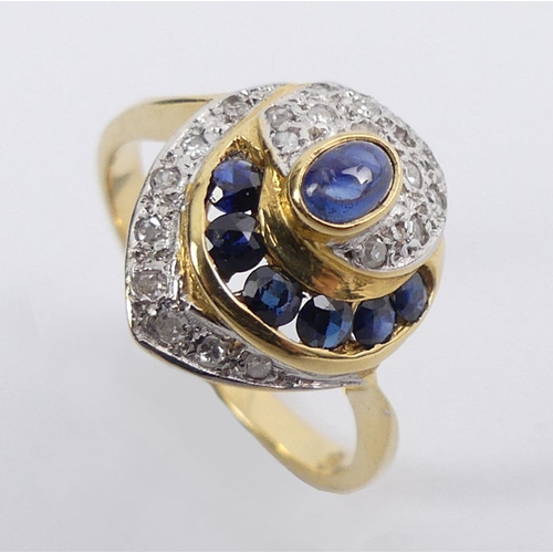 60H - 18ct gold, sapphire and diamond ring, 4.1 grams, 14.6 mm, size Q.