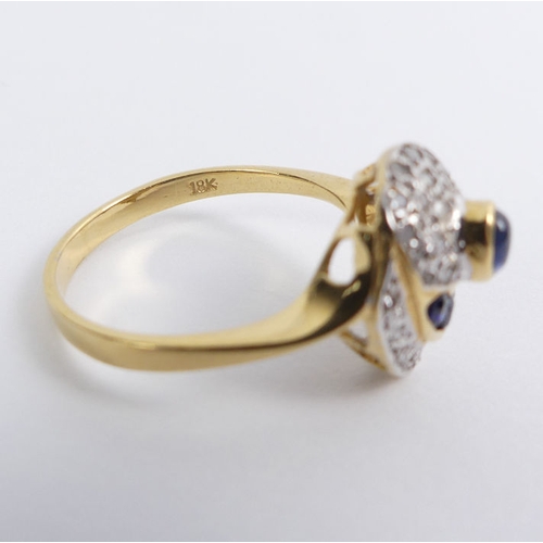 60H - 18ct gold, sapphire and diamond ring, 4.1 grams, 14.6 mm, size Q.