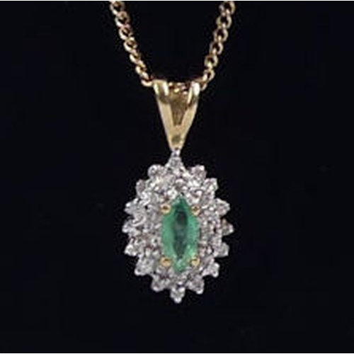 7 - Fine 9ct gold emerald and diamond pendant and chain, 2.9 grams, pendant 18mm, chain 42cm.