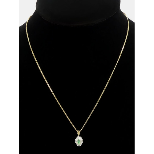 7 - Fine 9ct gold emerald and diamond pendant and chain, 2.9 grams, pendant 18mm, chain 42cm.