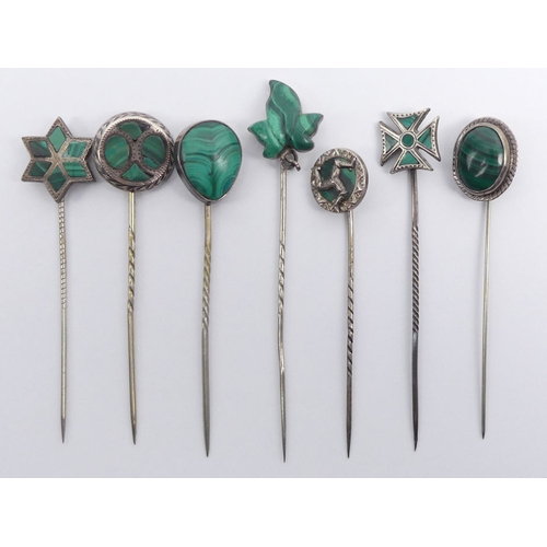 82 - Eight Victorian silver and malachite stick pins, 28 grams, largest 19mm.