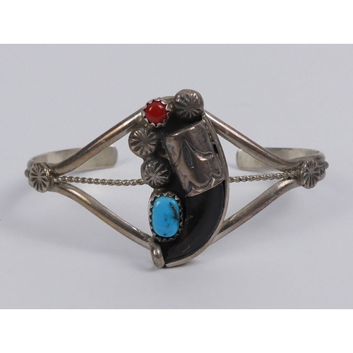 9 - Native American sterling silver coral, turquoise and claw set bangle, 12.9 grams, 31mm.