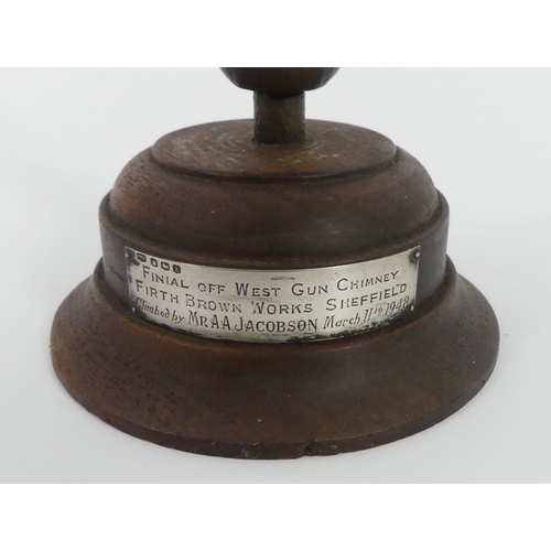 305 - A trophy awarded for chimney climbing in 1948 with a hallmarked silver plaque on a wooden base, 30cm... 