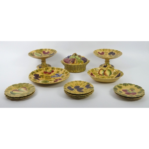 323 - An Early 20th century Majolica twelve piece desert set by Sarreguimines (France), including eight pl... 