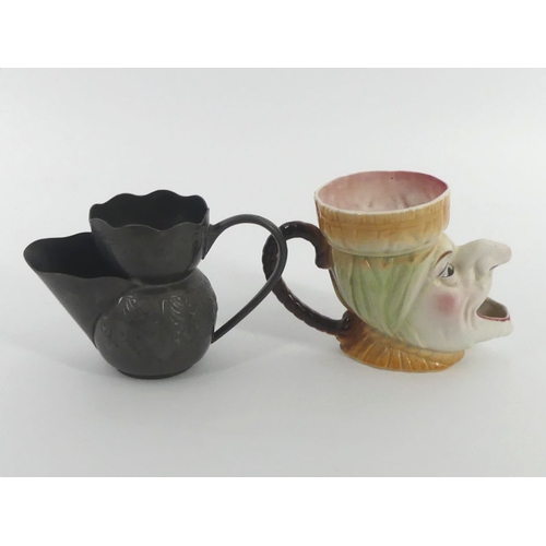 314 - Ceramic shaving mug in the form of Judy (Punch & Judy), together with a C.1900 pewter shaving mug, l... 