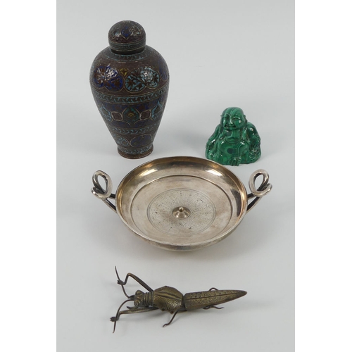 312 - 19th century Kashmiri enamelled copper lidded jar together with a gold plated Greek Kylix, a Jade Bu... 