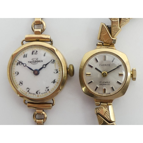 101 - A ladies 9ct gold Tavares watch and strap and a 9ct gold Everite watch, Tavares 23mm.