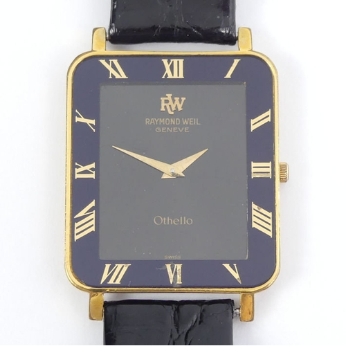 103 - A Raymond Weil Othello gents manual wind, gold plated watch on a black crocodile strap, 26.5mm x 35.... 