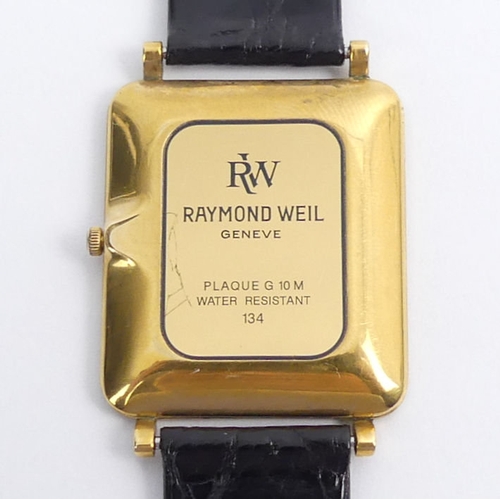 103 - A Raymond Weil Othello gents manual wind, gold plated watch on a black crocodile strap, 26.5mm x 35.... 