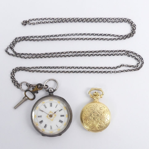 104 - A fancy dial silver pocket watch and chain along with a gold plated full hunter pocket watch, larges... 