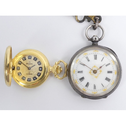 104 - A fancy dial silver pocket watch and chain along with a gold plated full hunter pocket watch, larges... 