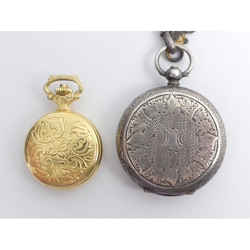 104 - A fancy dial silver pocket watch and chain along with a gold plated full hunter pocket watch, larges... 