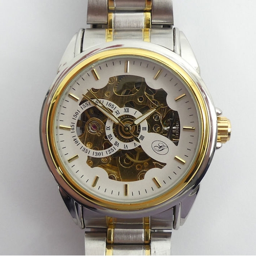 106 - A Genoa stainless steel two tone, automatic, skeleton dial watch, 42 mm wide.
Condition Report: In g... 