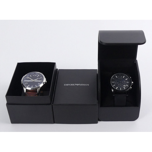 107 - Two Armani Exchange, gents quartz movement watches, one boxed, largest 48 mm wide.