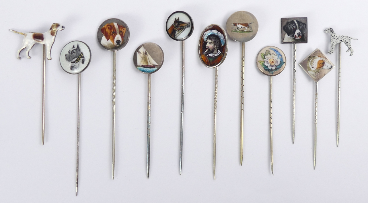 Various enamelled stick pins, including a dog and horse examples and a ...