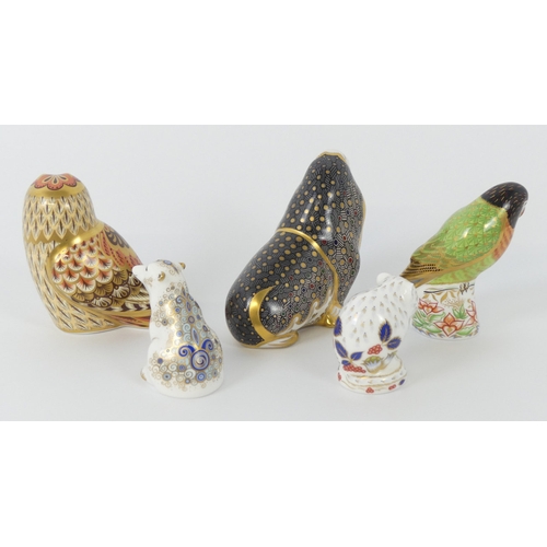 Five Royal Crown Derby paperweights, Russian walrus, black faced ...