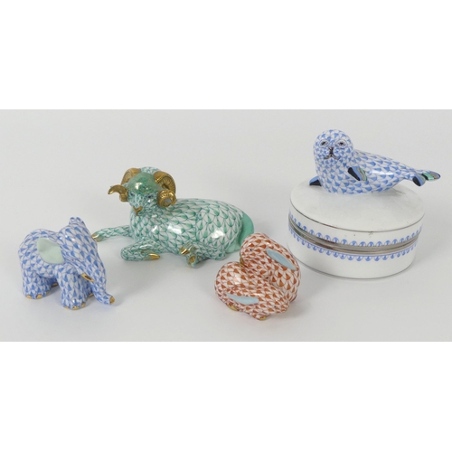 Four Herend animal figures, including a blue fishnet pattern trinket ...