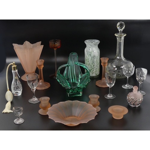 Various items of glassware, including a studio glass basket, perfume ...