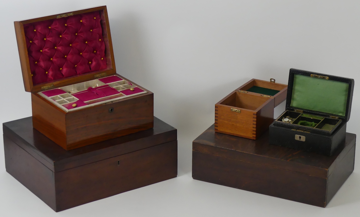 Five 19th century and later boxes, including a rosewood work box and ...