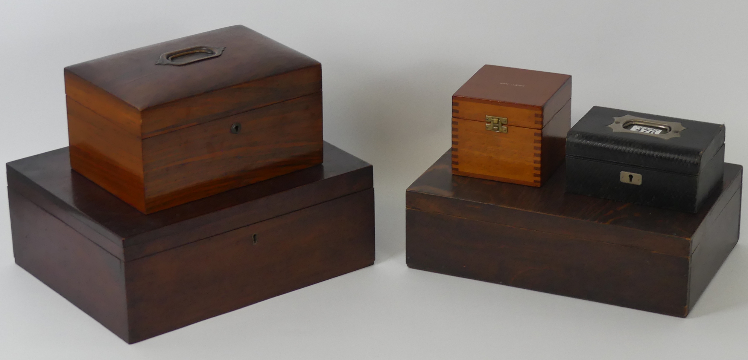 Five 19th century and later boxes, including a rosewood work box and ...