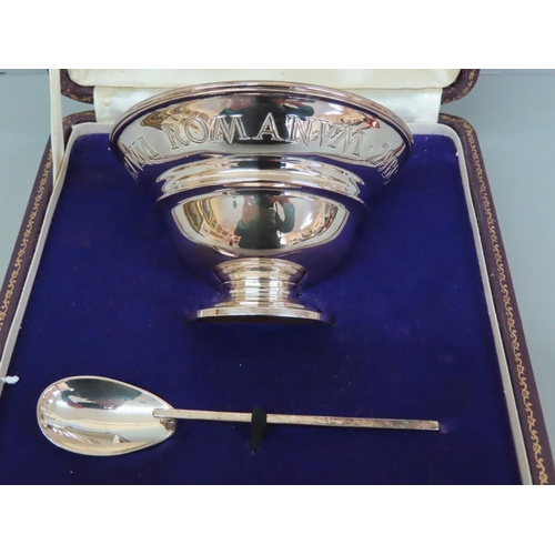 5 - Sterling silver tazza and spoon engraved 