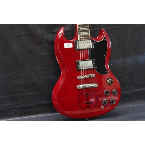 21 - Jim Deacon 'SG' style guitar with two humbucker pickups, three way switch, four tone / volume pots, ... 