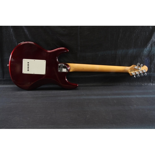 25 - OLP red electric guitar - two single and one humbucker pickups, five way switch, one volume and tone... 