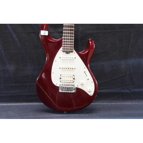 25 - OLP red electric guitar - two single and one humbucker pickups, five way switch, one volume and tone... 