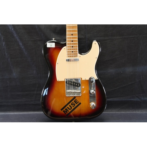 29 - Jim Harley sunburst telecaster style guitar lipsick neck pickup and single coil bridge pickup, three... 