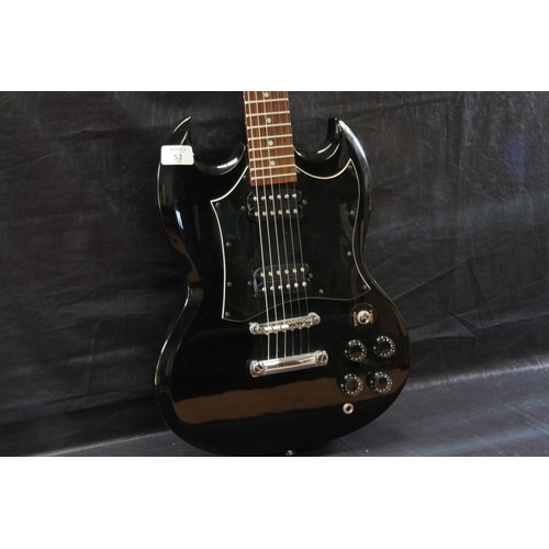 53 - Black Epiphone SG, double humbucker pickups, Tune-o-Matic bridge, three way toggle switch, four volu... 