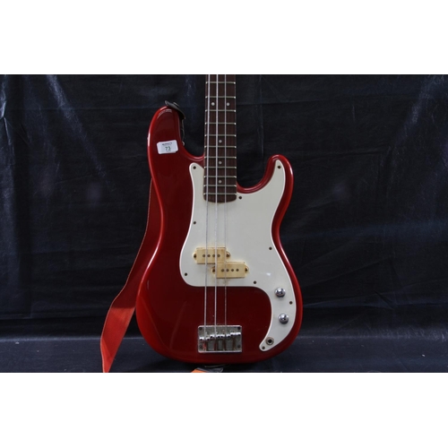 73 - Red Encore P Bass style electric 4 string bass guitar (one string missing)