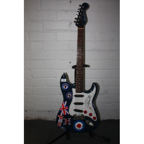 176 - Marlin by Hohner SL100G - blue Stratocaster style guitar - with The Who related stickers- three sing... 