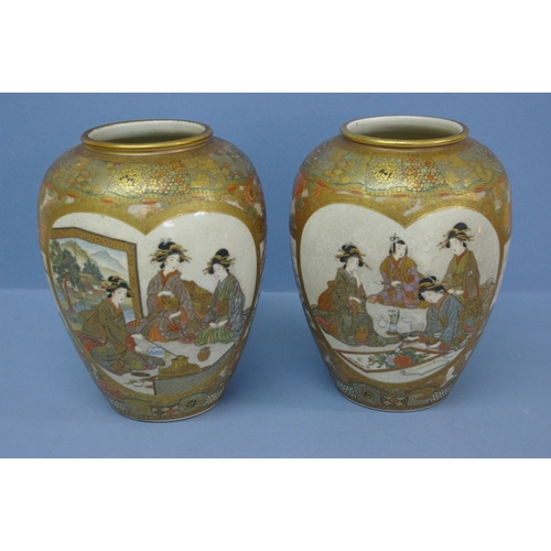 109 - Good pair of Satsuma pottery urns with four panels having decoration of geisha preparing tea, playin... 