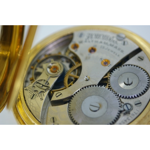 131 - 18ct. gold top winding hunter pocket watch by Waltham, 15 jewels (in working order). White enamel di... 