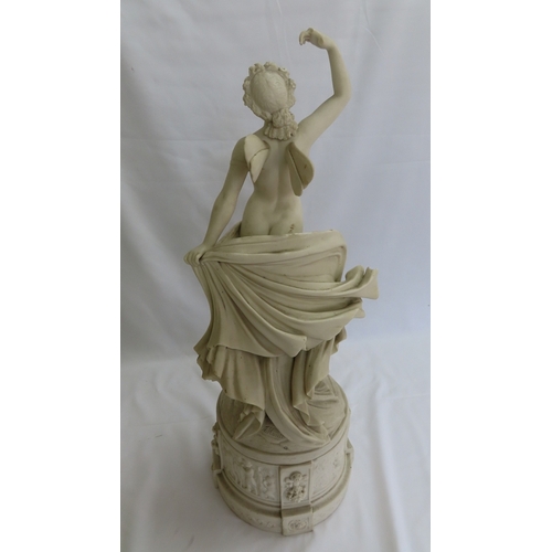 154 - Copeland parian ware statue of semi-naked fairy on a raised circular plinth - statue signed R. Monti... 