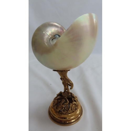 164 - Nautilus shell mother of pearl lining with silver gilt stand having decoration of Neptune, and putt ... 