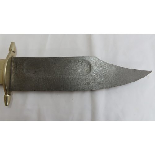 169 - Large example of a 'Bowie' knife with Damascus type blade, horn and nickel handle - length 18.25 ins... 