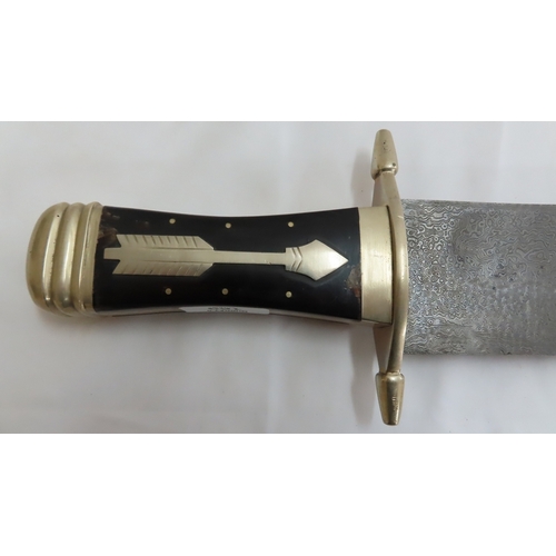 169 - Large example of a 'Bowie' knife with Damascus type blade, horn and nickel handle - length 18.25 ins... 