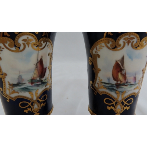 171 - Pair of small Royal Crown Derby trumpet shaped porcelain vases with bead borders, cartouches with ha... 