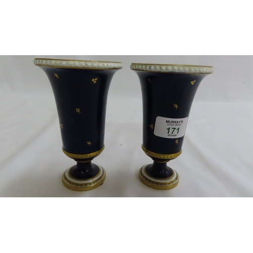 171 - Pair of small Royal Crown Derby trumpet shaped porcelain vases with bead borders, cartouches with ha... 