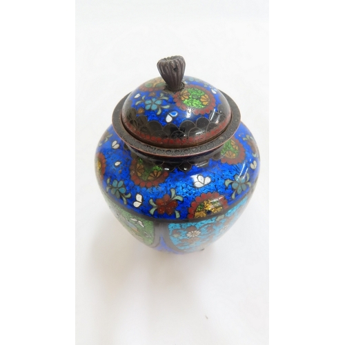 172 - Late 19thC Japanese cloisonne urn with cover and decoration of flora, fauna, insects, scales and scr... 