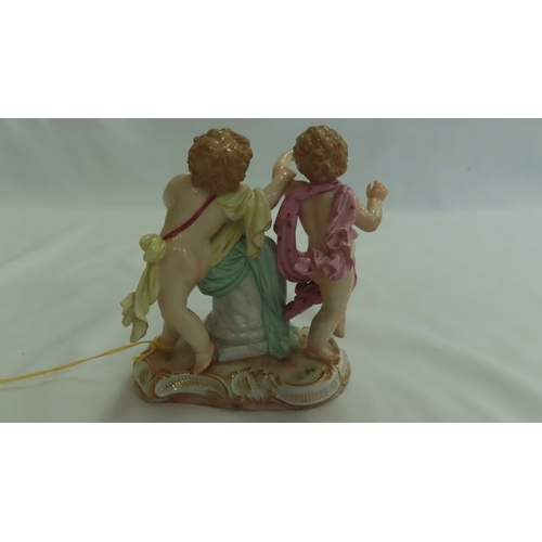 177 - 19thC Meissen porcelain figure group of putti with jug and swaddling clothes - Ht. 5 ins., crossed s... 