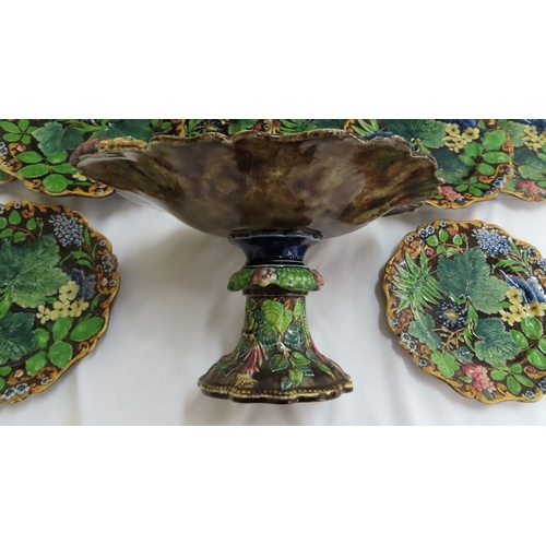 181 - A 19thC Majolica part dessert service with decoration of flora, fauna and insects in multicoloured g... 